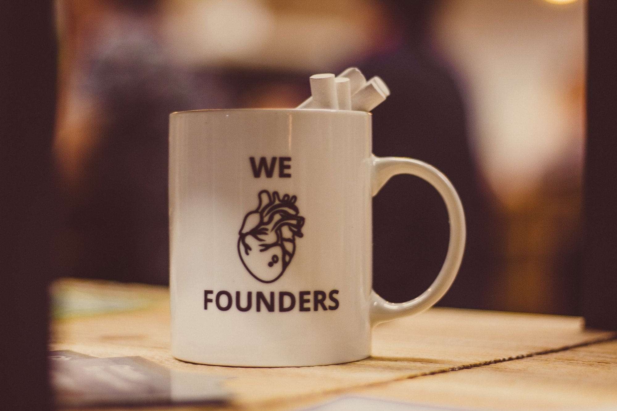 A mug with ‘we heart founders’ on the side.